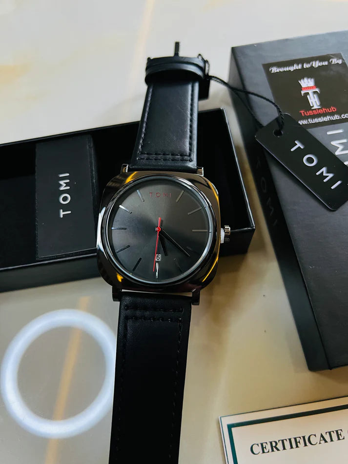 TOMI T-084 Men's Watch – Quartz Movement, Date Display & Leather Strap-Black Color