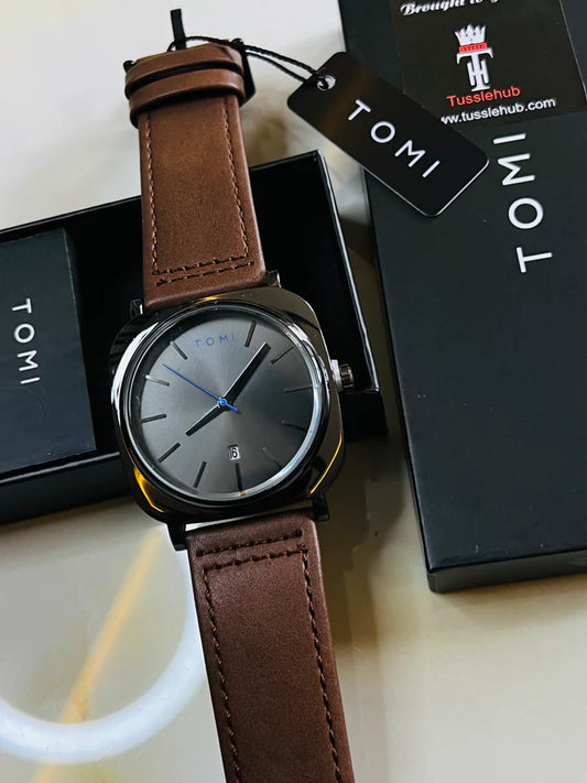 TOMI T-084 Men's Watch – Quartz Movement, Date Display & Leather Strap- Brown Color